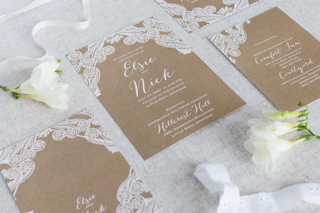 Paisley lace and kraft paper wedding invitation