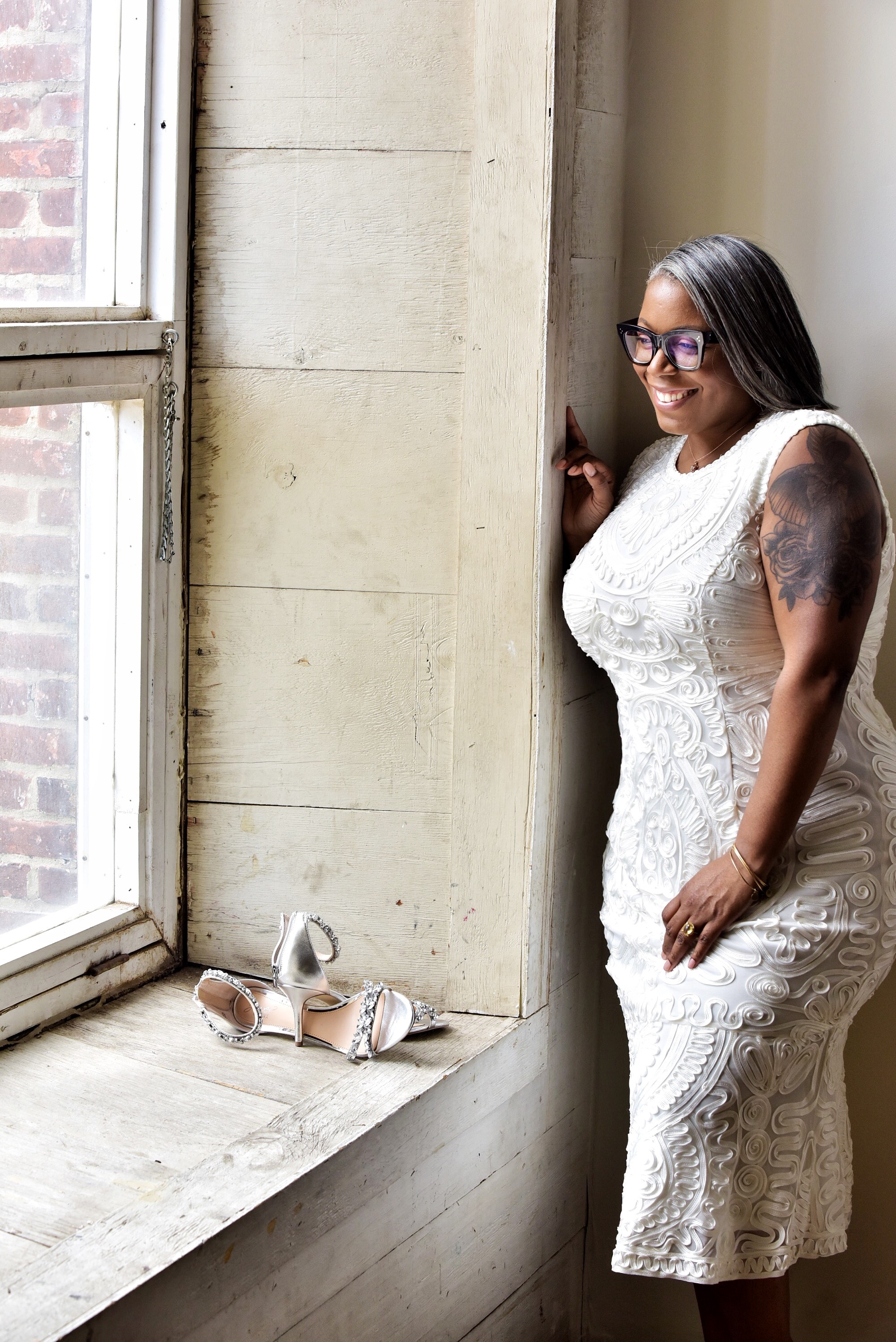 Gorgeously Grey creator Ty chose this textured midi dress for her bachelorette party brunch. See more on the David's Bridal blog - www.davidsbridal.com/blog.