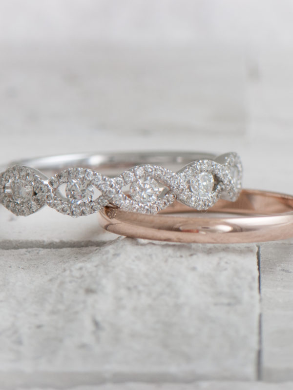 Diamond and rose gold wedding rings