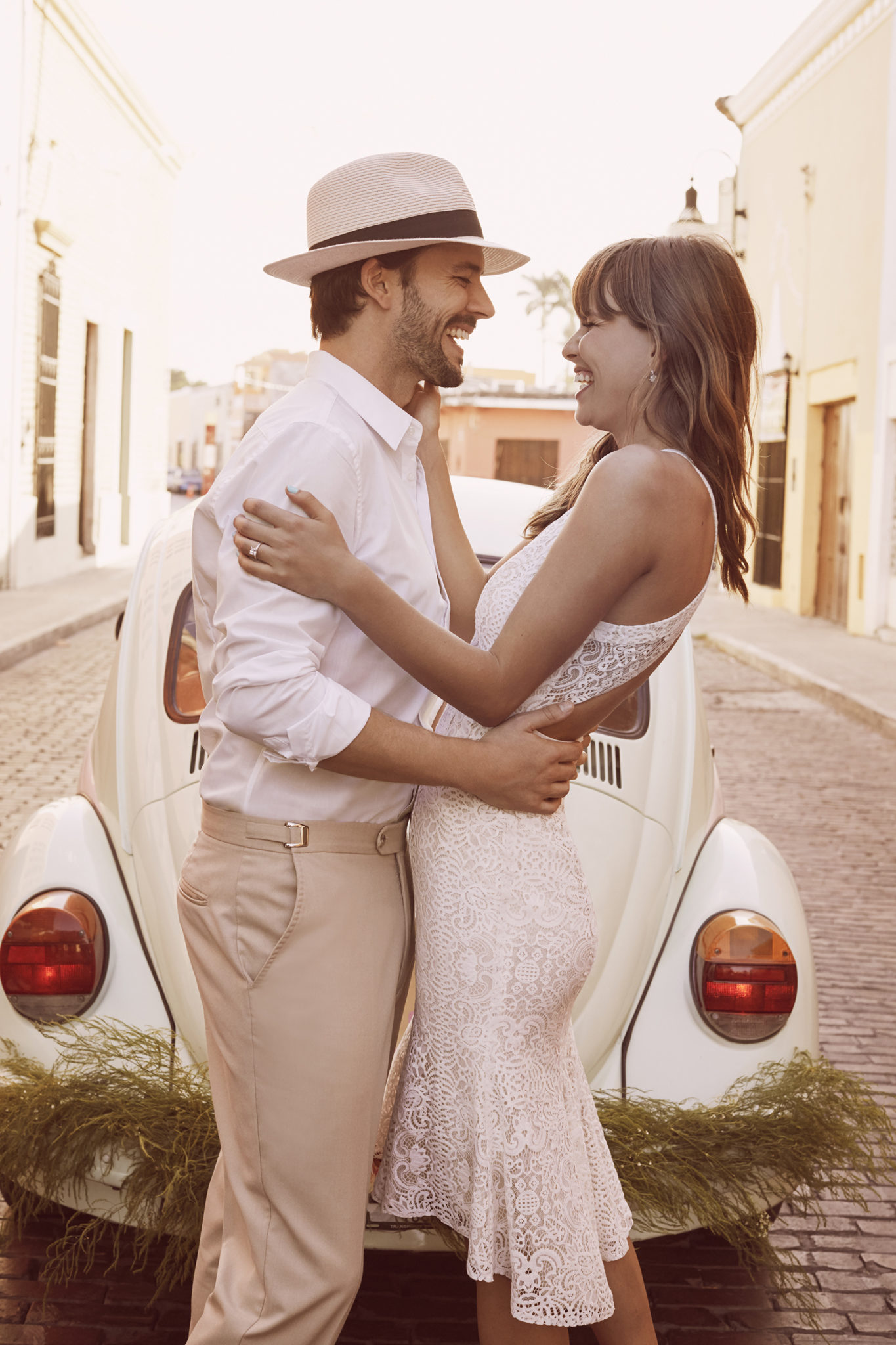 Engaged couple embracing