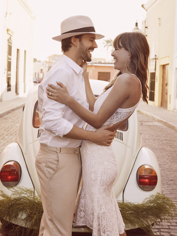 Engaged couple embracing