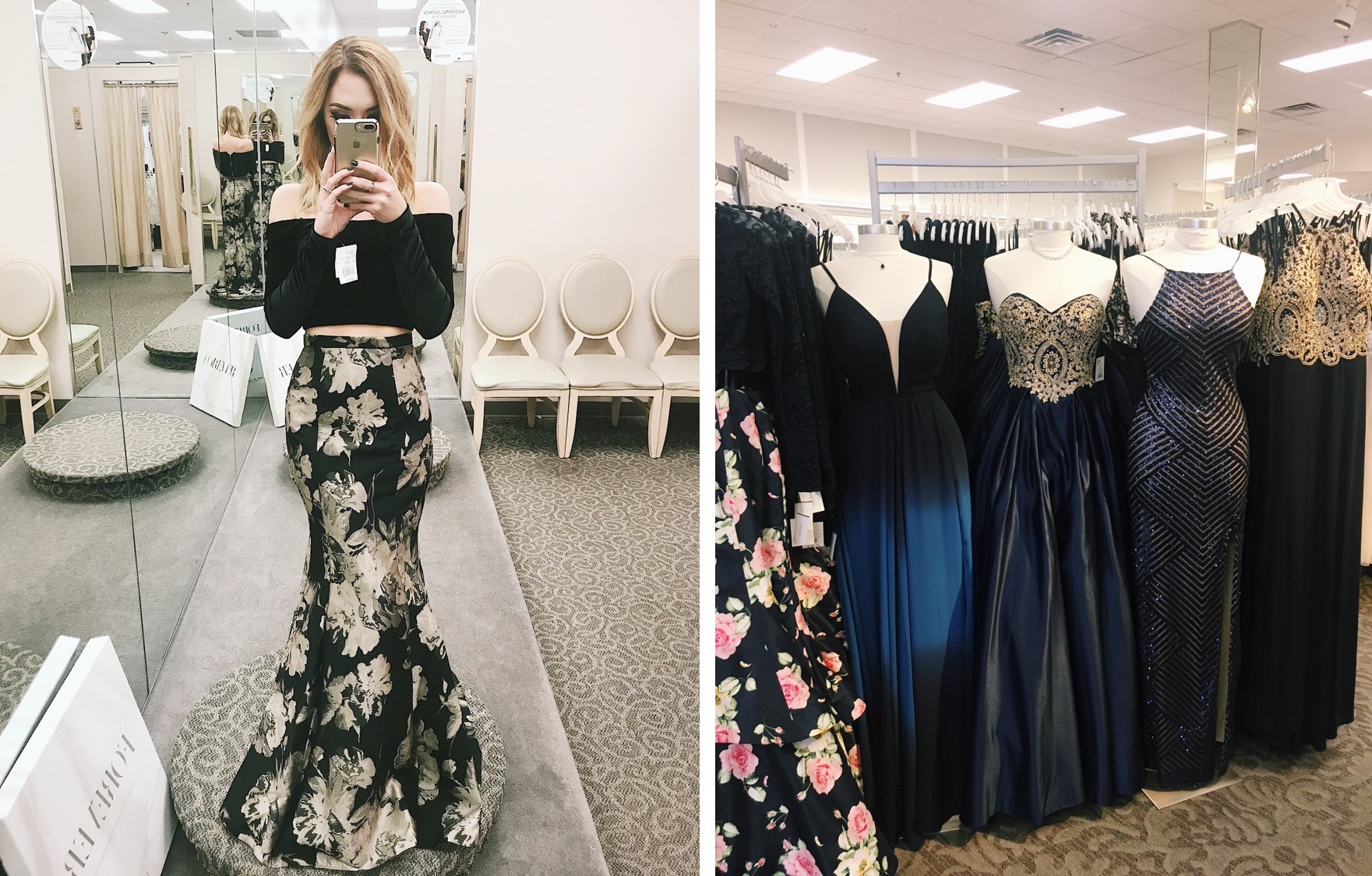 Mirror photo of girl in two piece prom dress and a rack of prom dresses