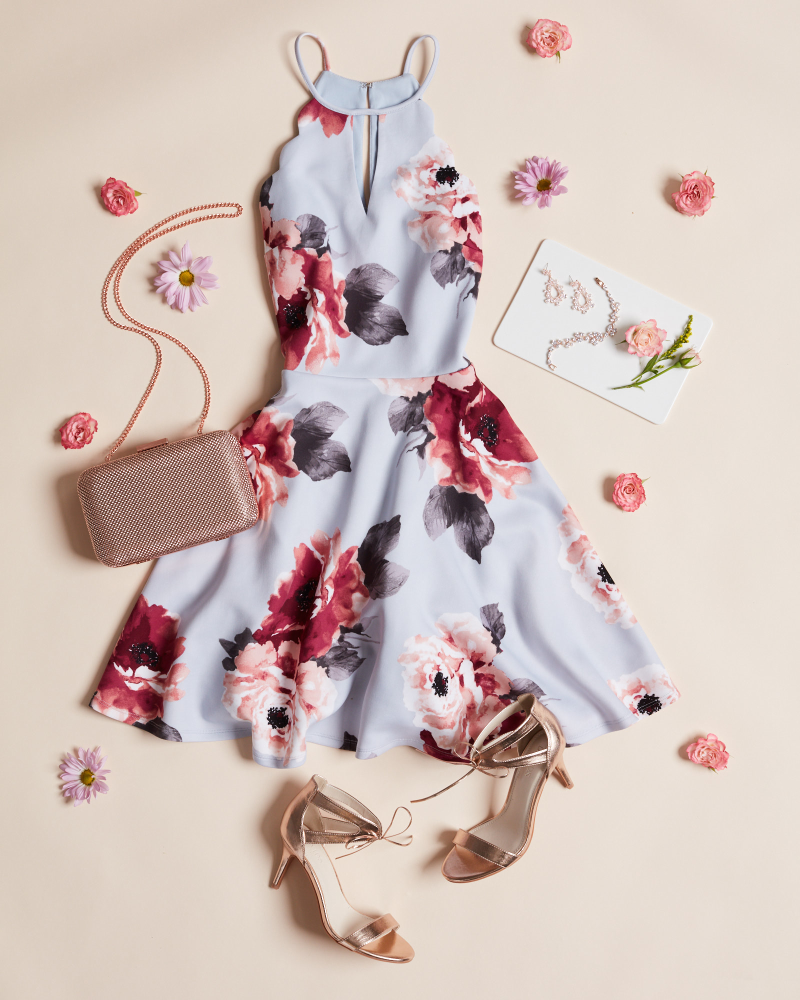 Short floral print halter dress for Spring wedding guests