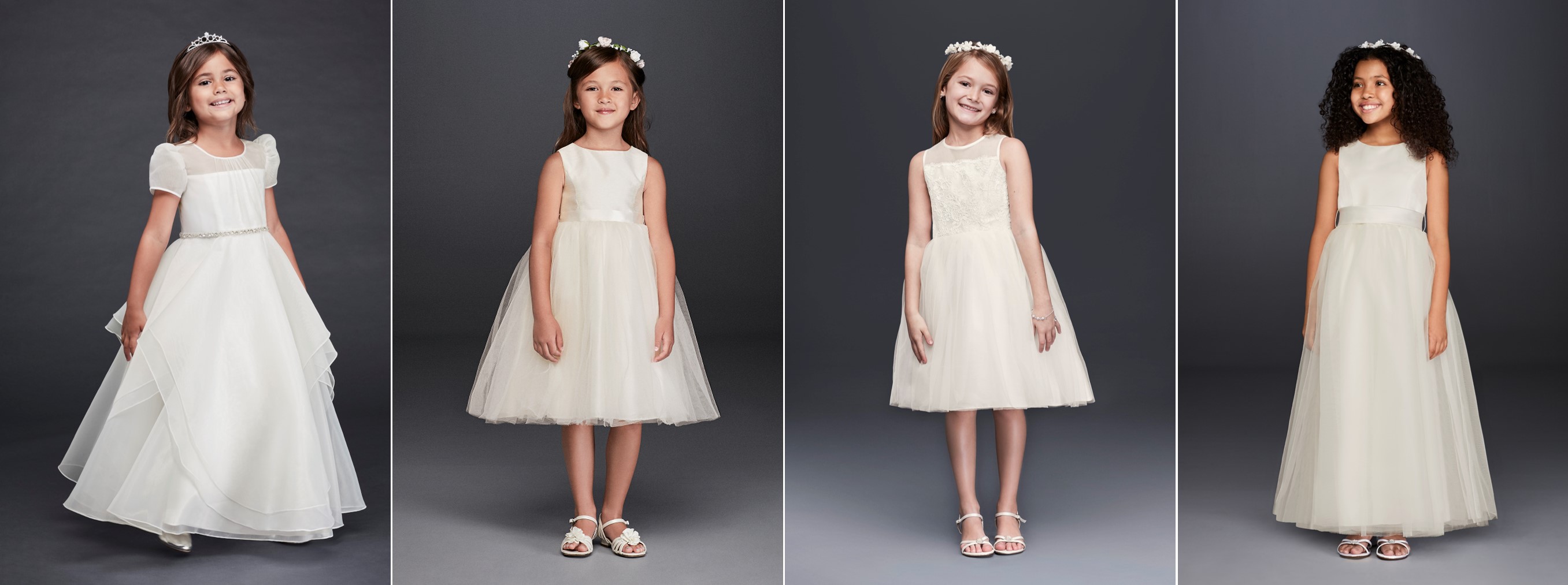 Girls in 4 short, white Meghan Markle flower girl look a like dresses