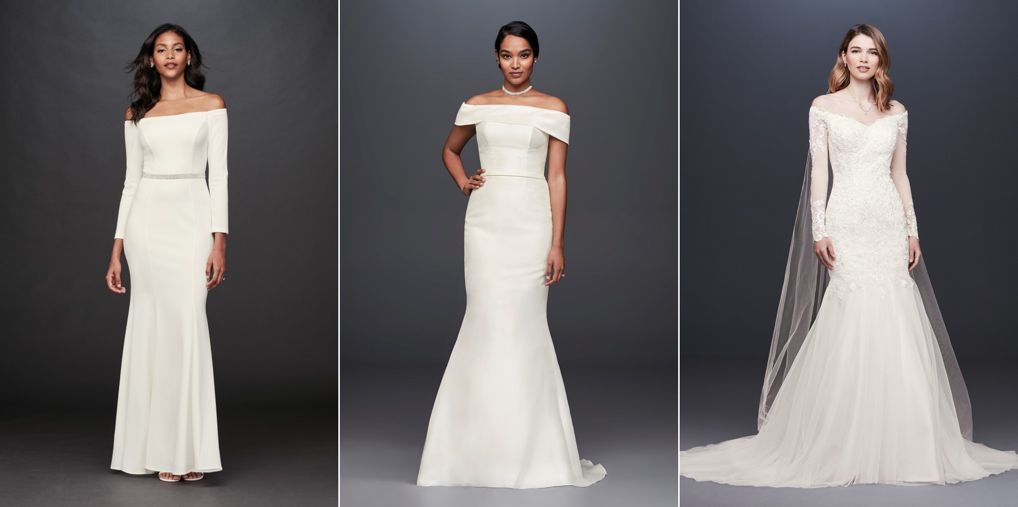 Models in 3 long, white, off-the-shoulder Meghan Markle wedding dress look a likes.