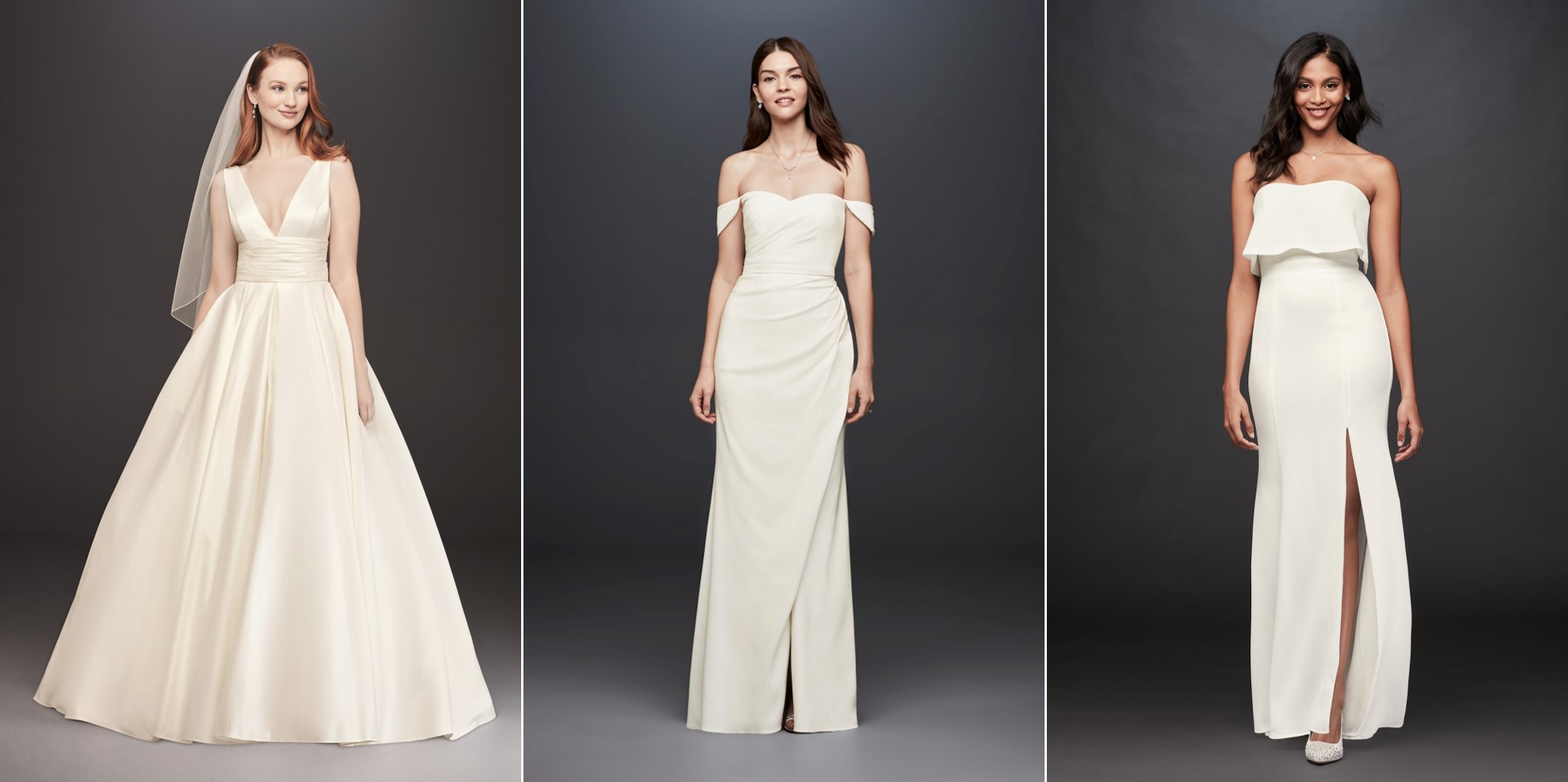 Models in 3 long, white, unembellished Meghan Markle wedding dress look a likes.