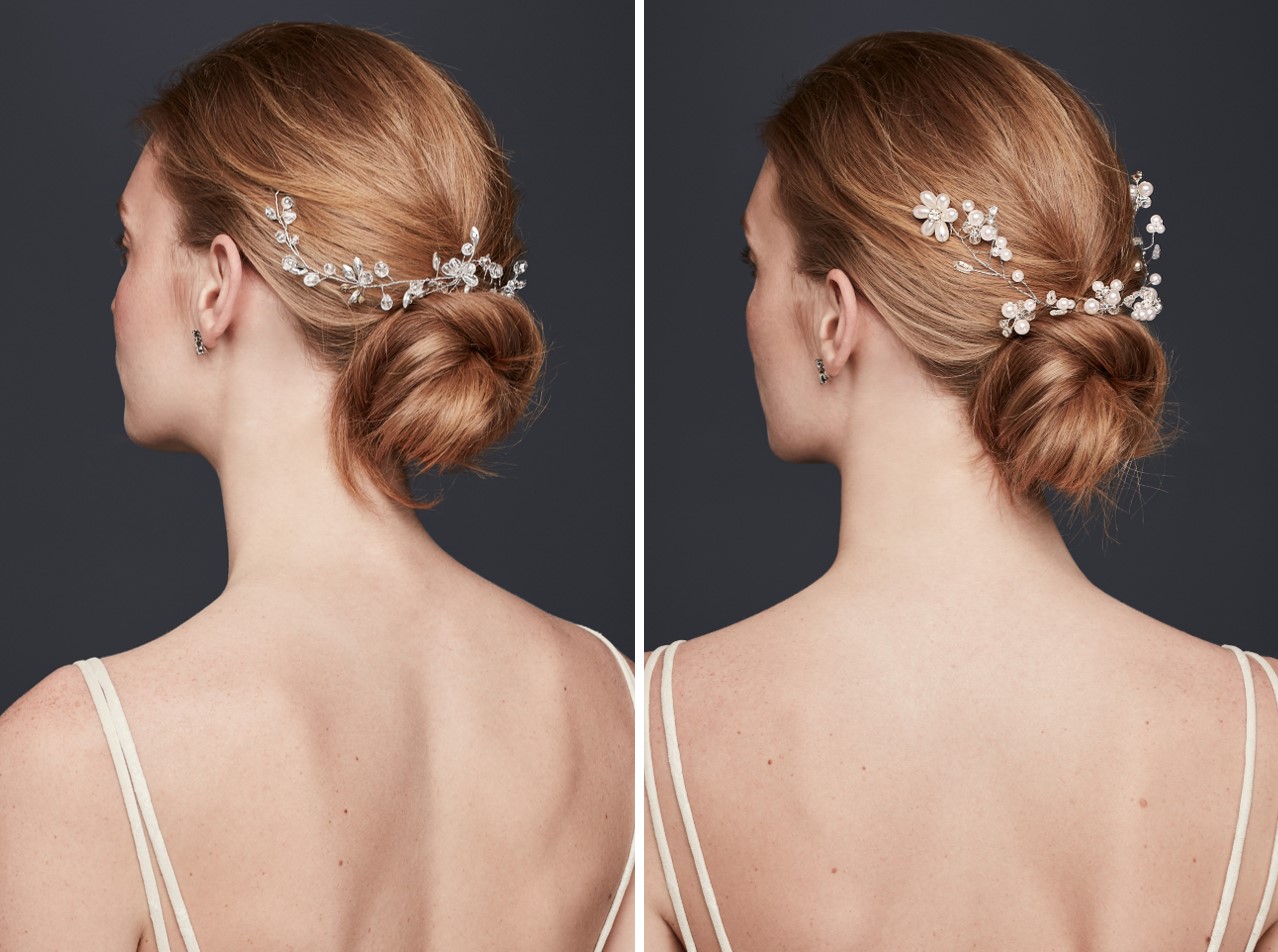 Take Meghan Markle's messy bun and add a hair vine for effortless wedding day sparkle.