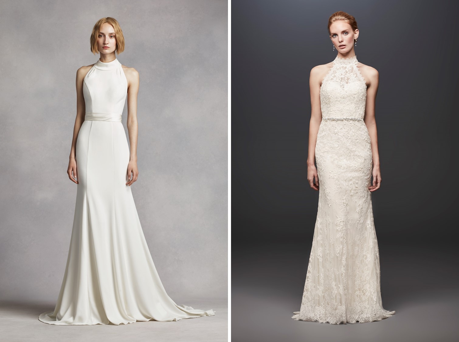 Models in 2 long, white, high-neck Meghan Markle second dress look a likes.