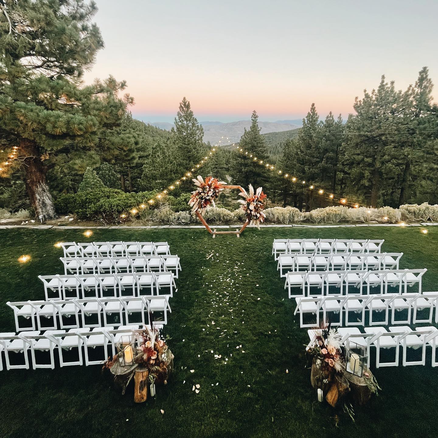 wedding reception set up with flowers.