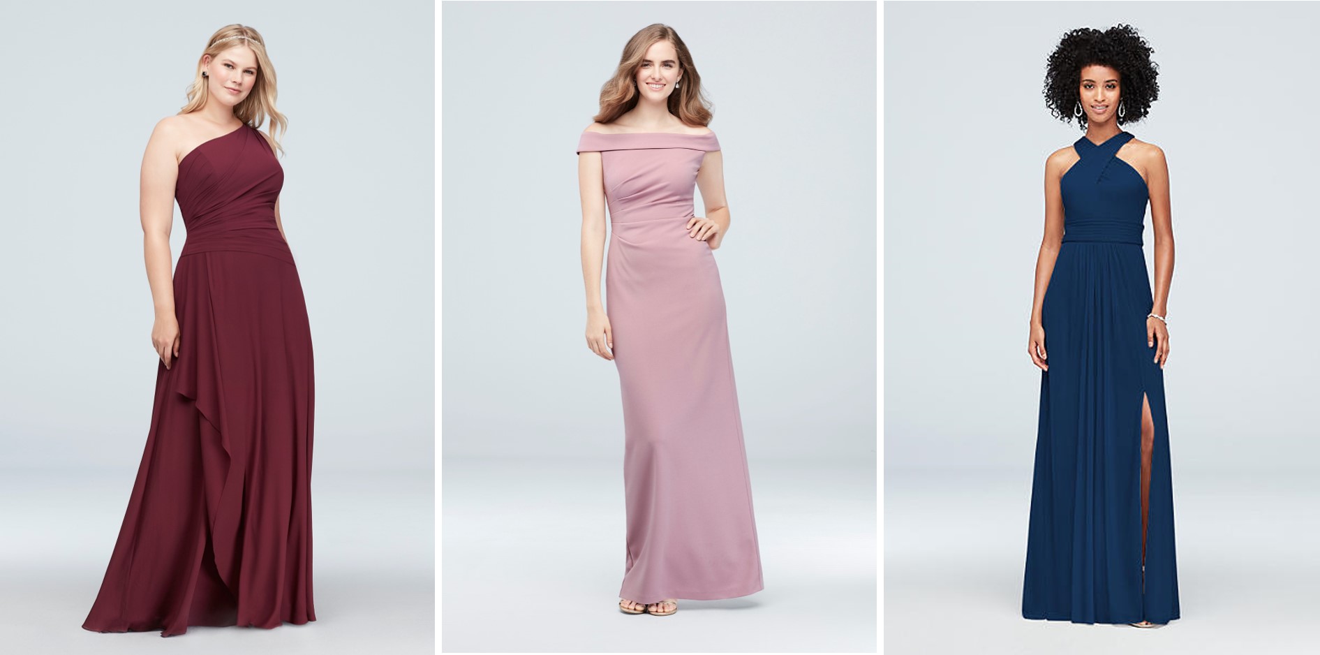 Three bridesmaid dresses on sale during David's Bridal's President's Day Weekend Sale: long one-shoulder chiffon dress with cascading skirt, long off-the-shoulder column dress, and long criss-cross neckline dress with slit in skirt
