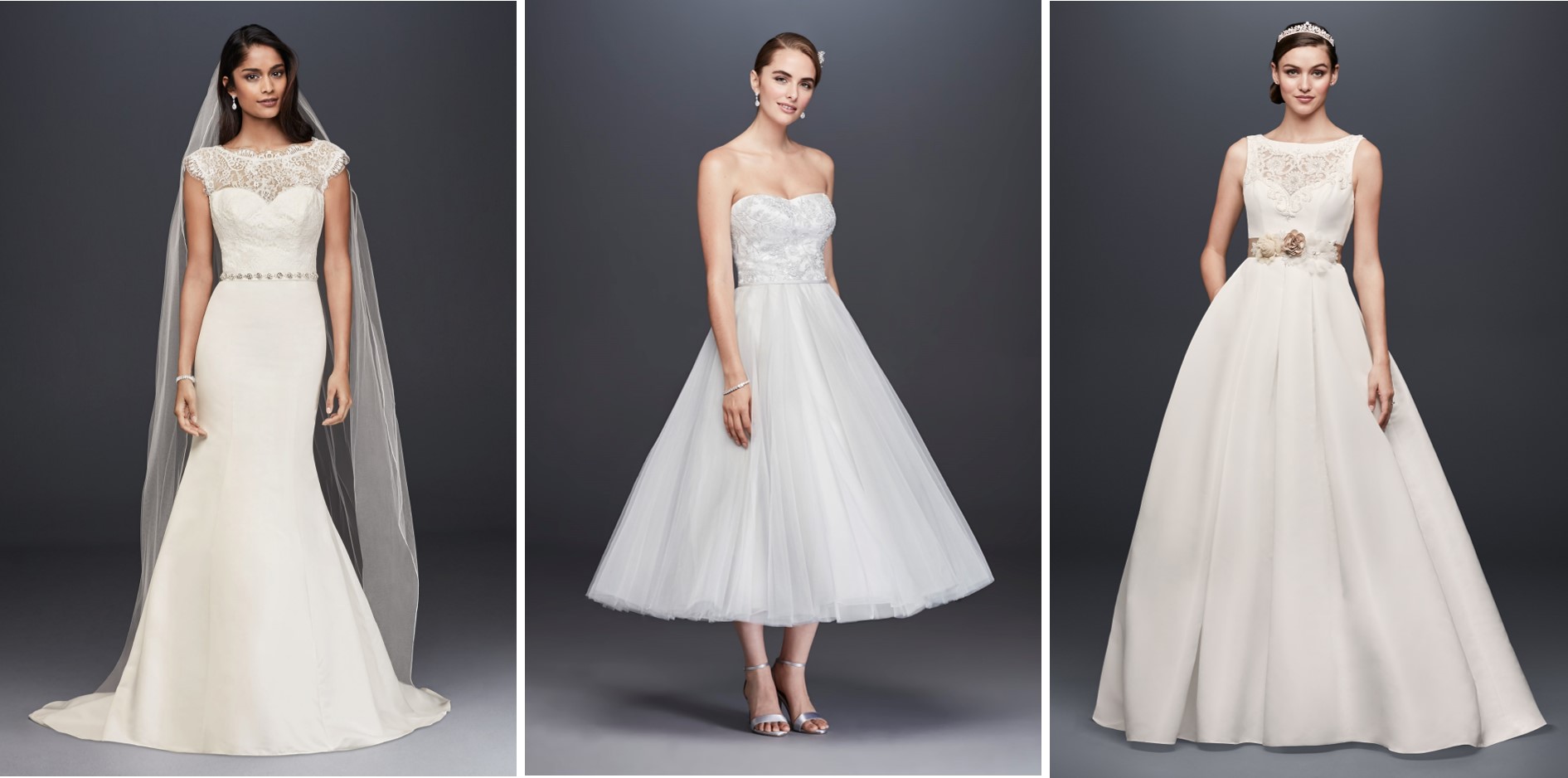 Three wedding dresses on sale during David's Bridal's President's Day Weekend Sale: a trumpet wedding dress with illusion lace neckline and cap sleeves, a strapless tea-length wedding dress with floral bodice and tulle skirt, and a boat neck ball gown with illusion lace neckline