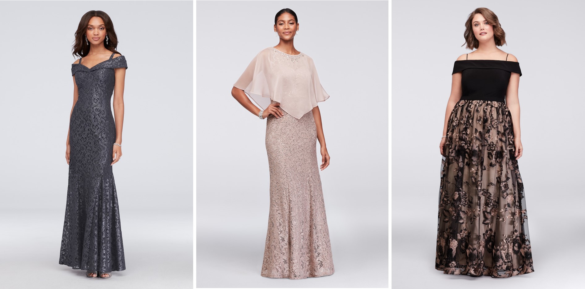 Three mother of the bride dresses on sale during David's Bridal's President's Day Weekend Sale: long dark grayoff-the-shoulder metallic lace dress, long blush colored lace dress with chiffon topper, long off-the-shoulder dress with black jersey top and black and nude floral applique skirt