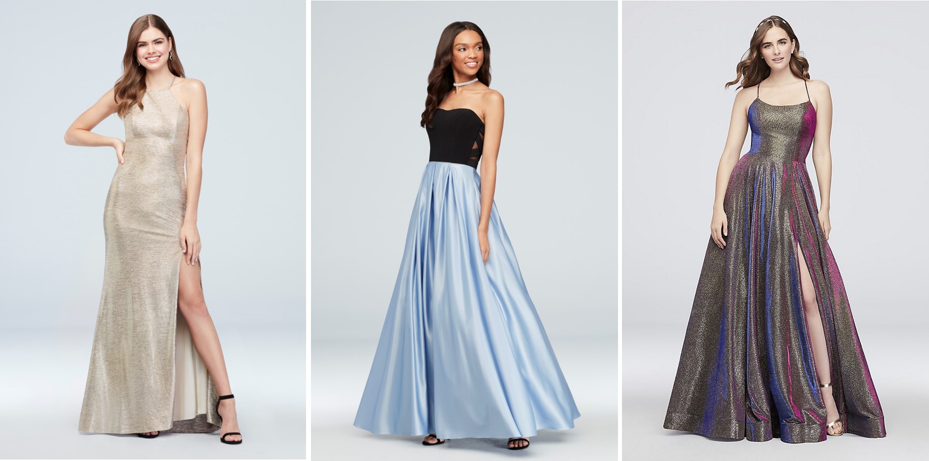 Three prom dresses on sale during David's Bridal's President's Day Weekend Sale: long metallic gold dress with high neck and skirt slit, long strapless dress with black jersey bodice and light blue satin skirt, long iridescent gold ball gown