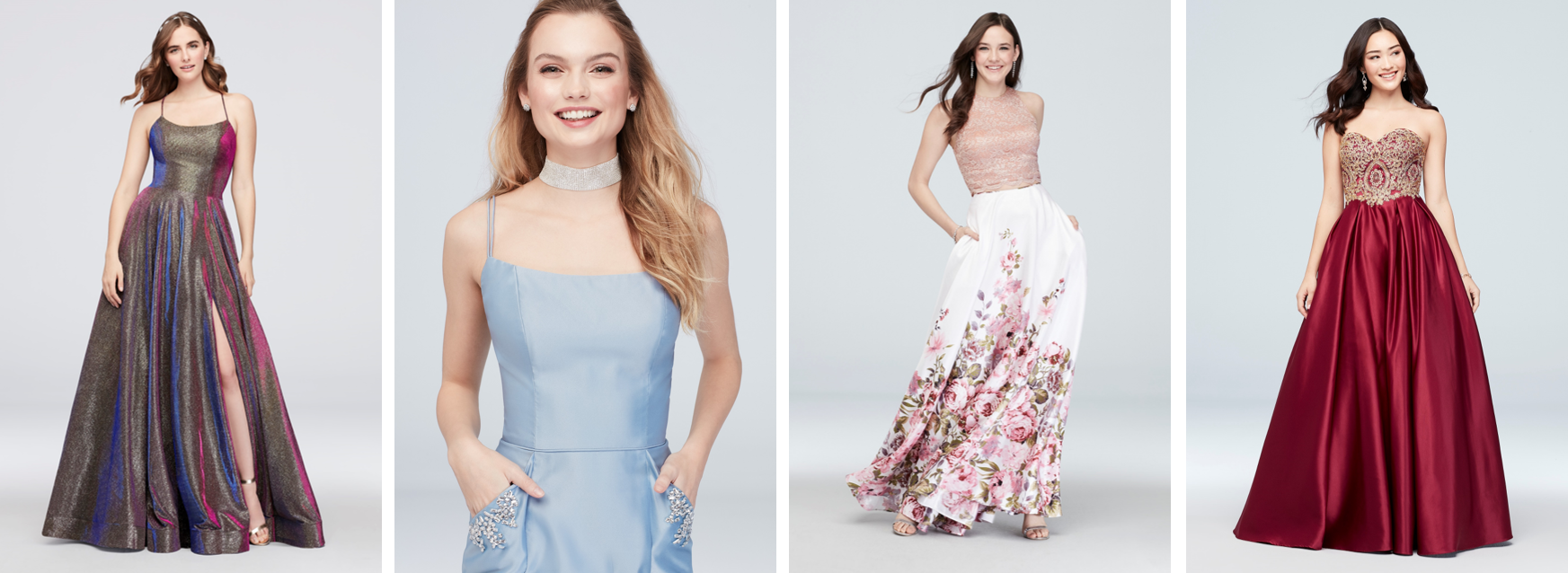 Four girls smiling in prom dresses with pockets of various colors and styles