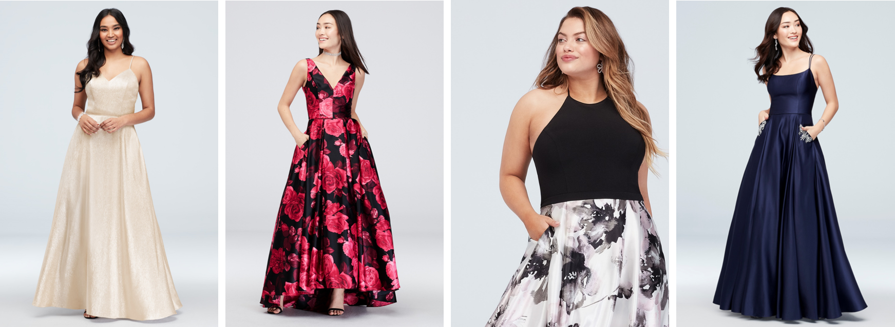 Four girls smiling in prom dresses with pockets of various colors and styles