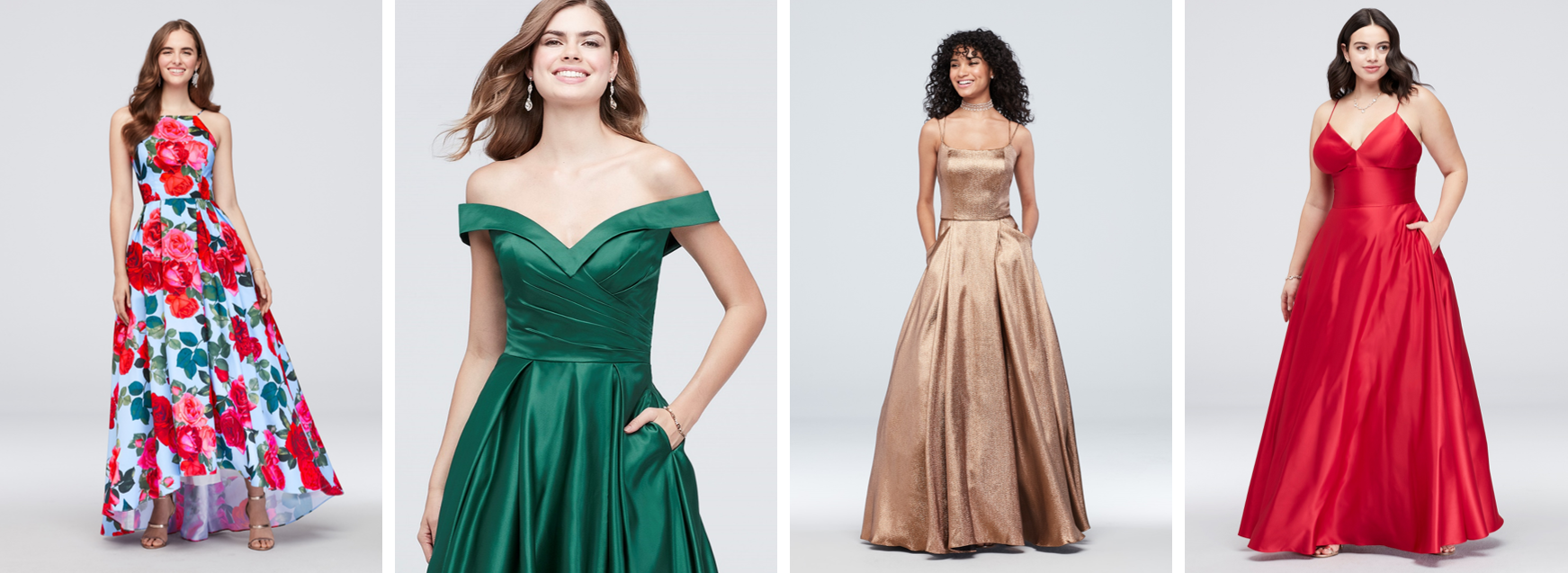 Four girls smiling in prom dresses with pockets of various colors and styles