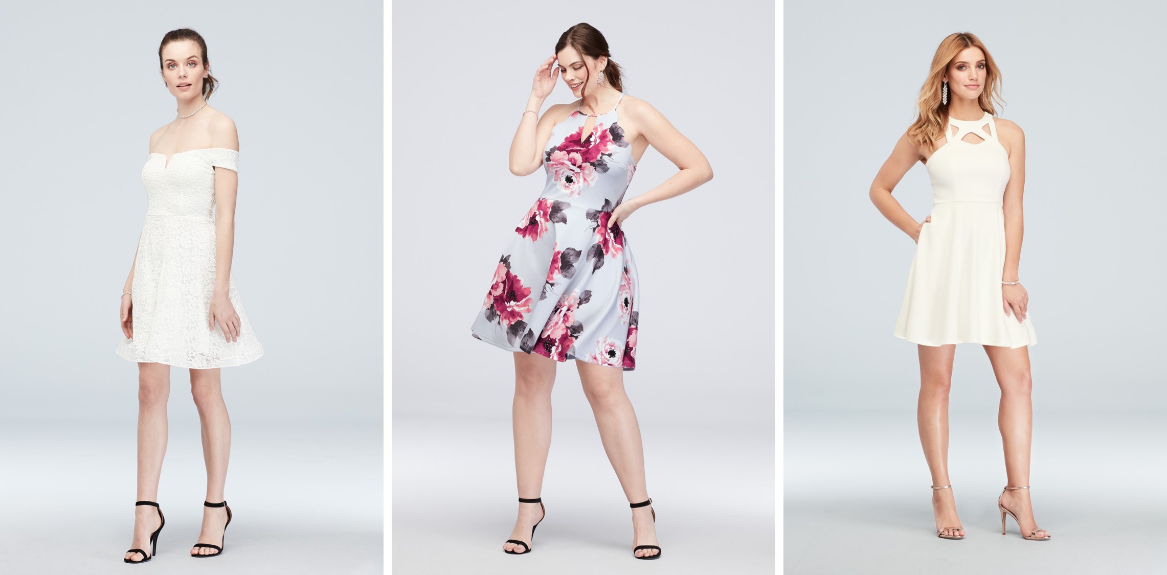 3 models in short white or floral print graduation dresses for 2019