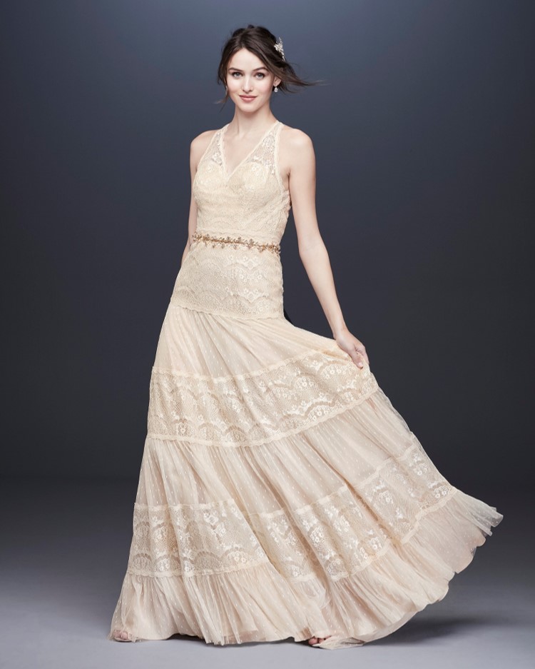 Bride in tank v-neck lace and point d'esprit wedding dress from David's Bridal's affordable wedding dresses assortment