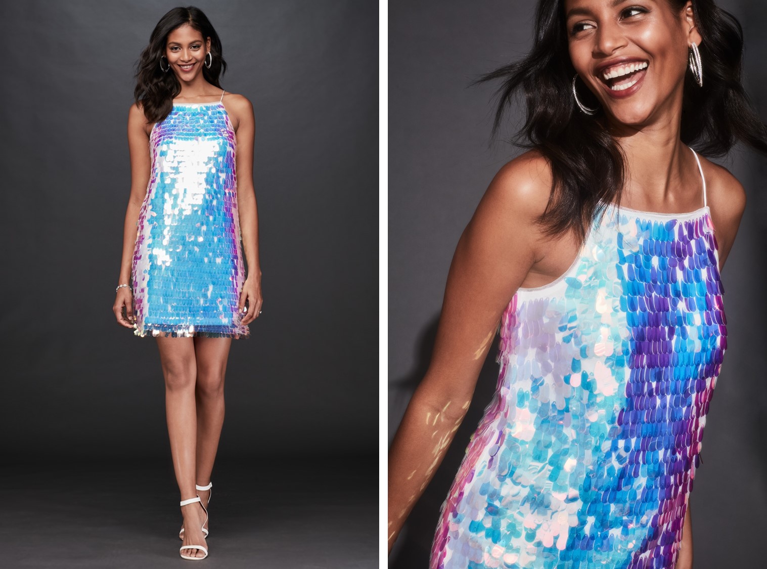 Bride in iridescent sequin mini dress | After-party dresses from David's Bridal 