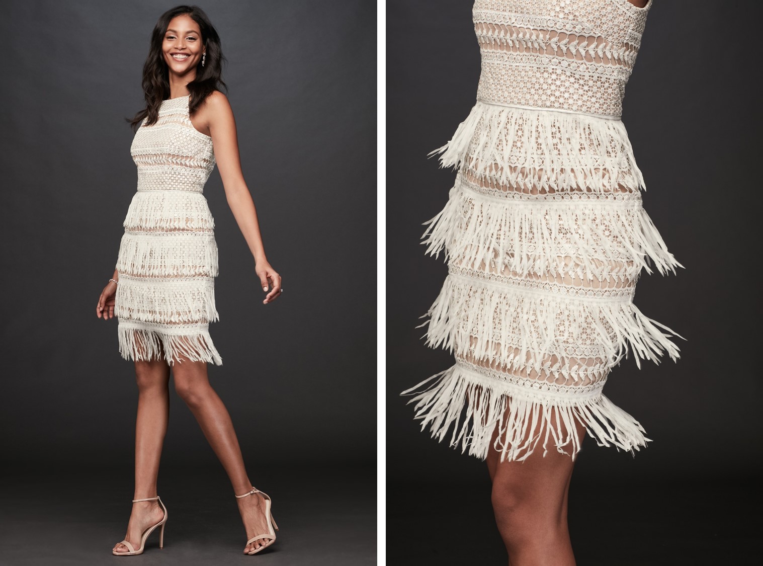 Bride in crochet and fringe nude and white mini dress | After-party dresses from David's Bridal 