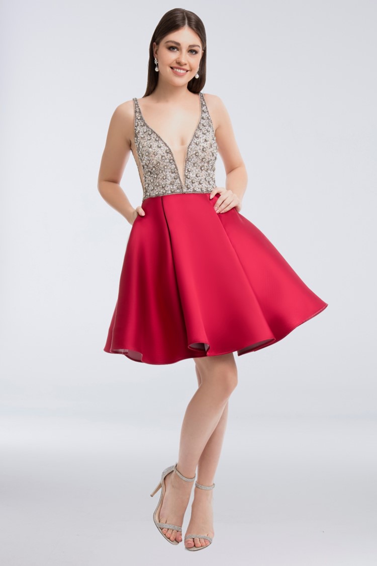 Girl in short red and silver homecoming dress