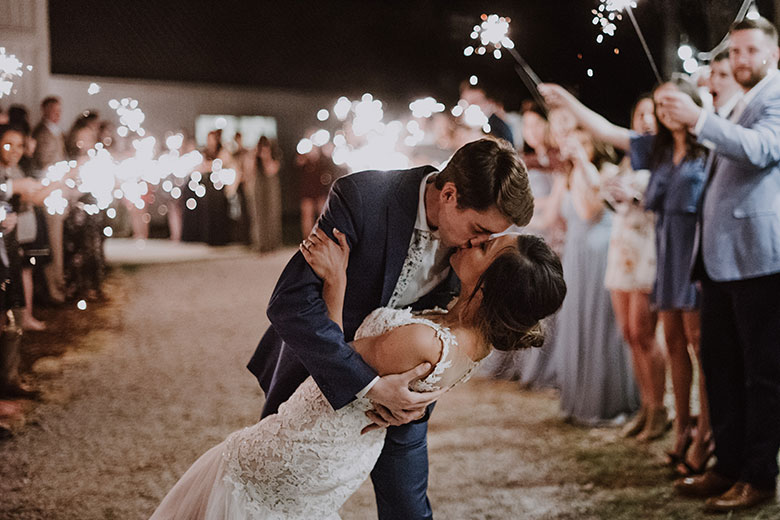 Bride and groom kissing with guests holding sparklers around them