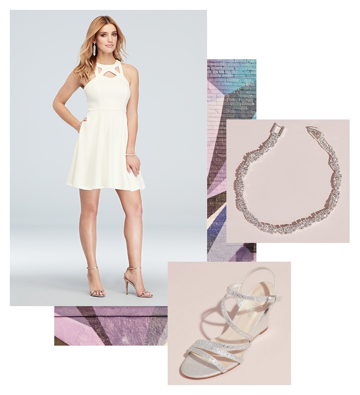 Collage of little white dress for graduation, silver shoes, and bracelet
