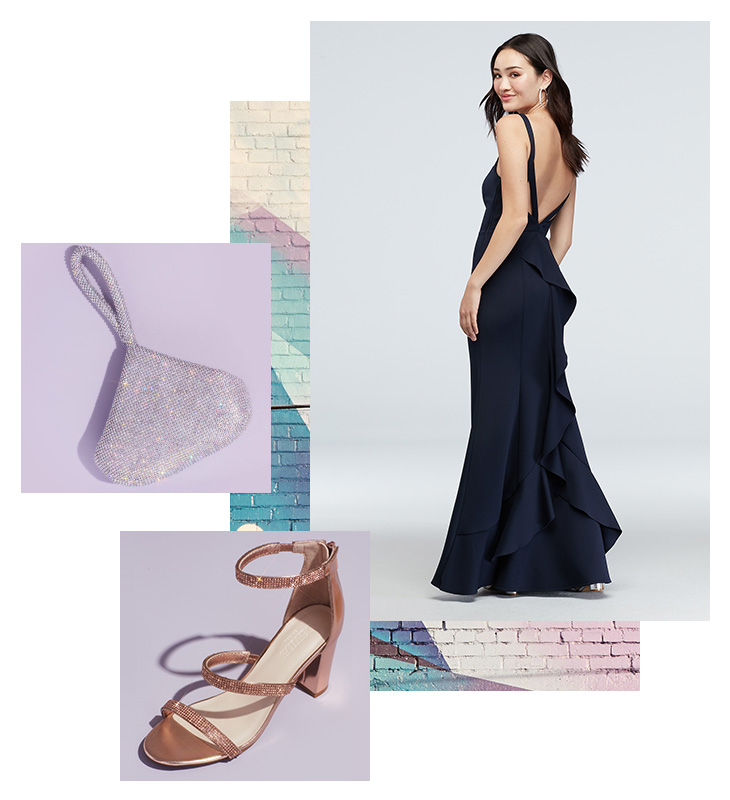 Collage of long navy dress for military balls, silver clutch, and shoe