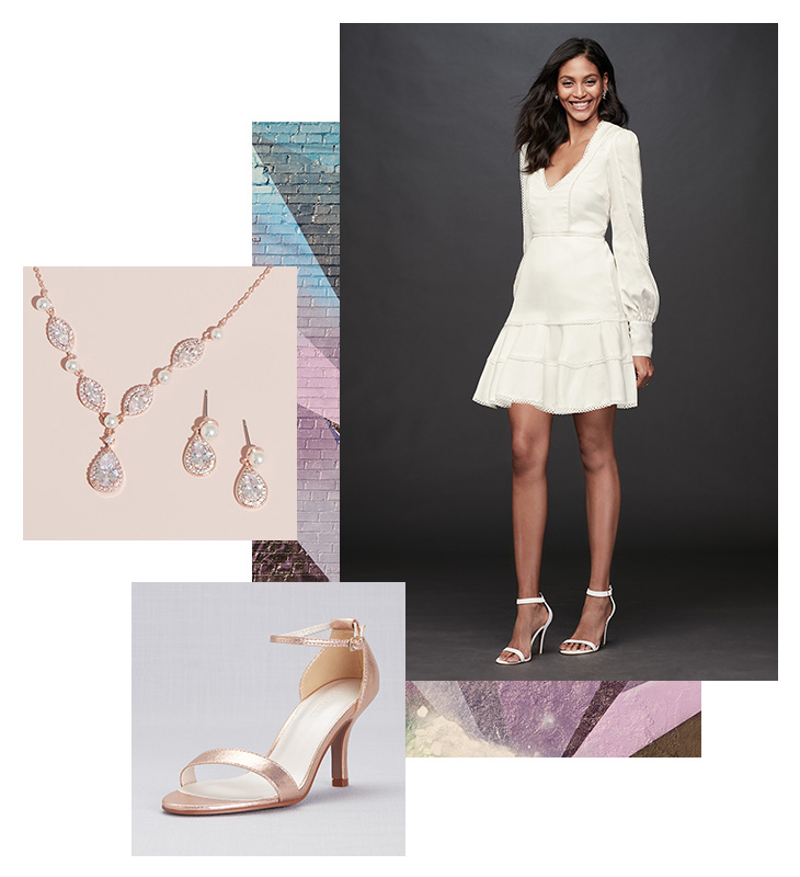 Collage of little white dress with long sleeves for sorority events, gold jewelry and heels