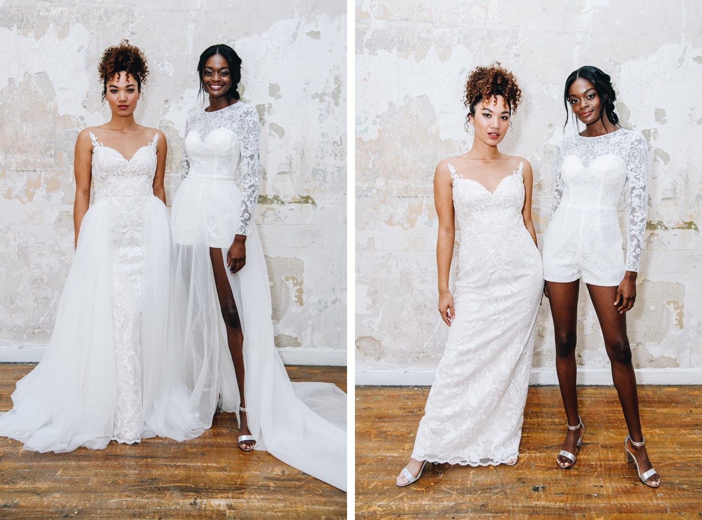 Brides in wedding dresses with removable skirts