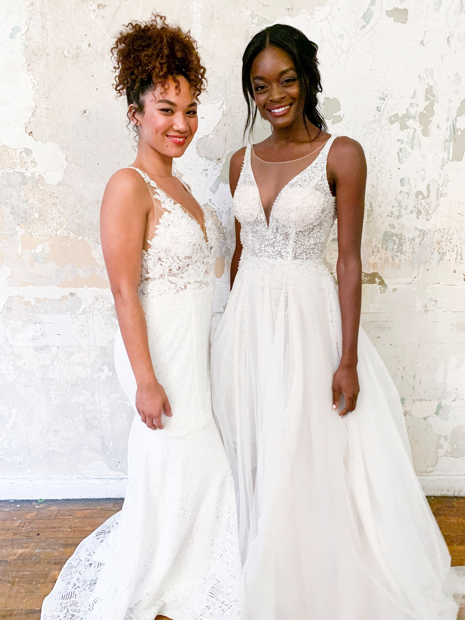 Brides in long sheer wedding dresses