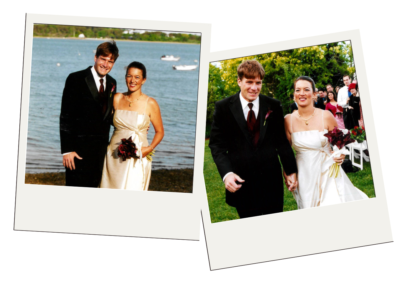 Polaroids of Laura and Trey side by side at their wedding.