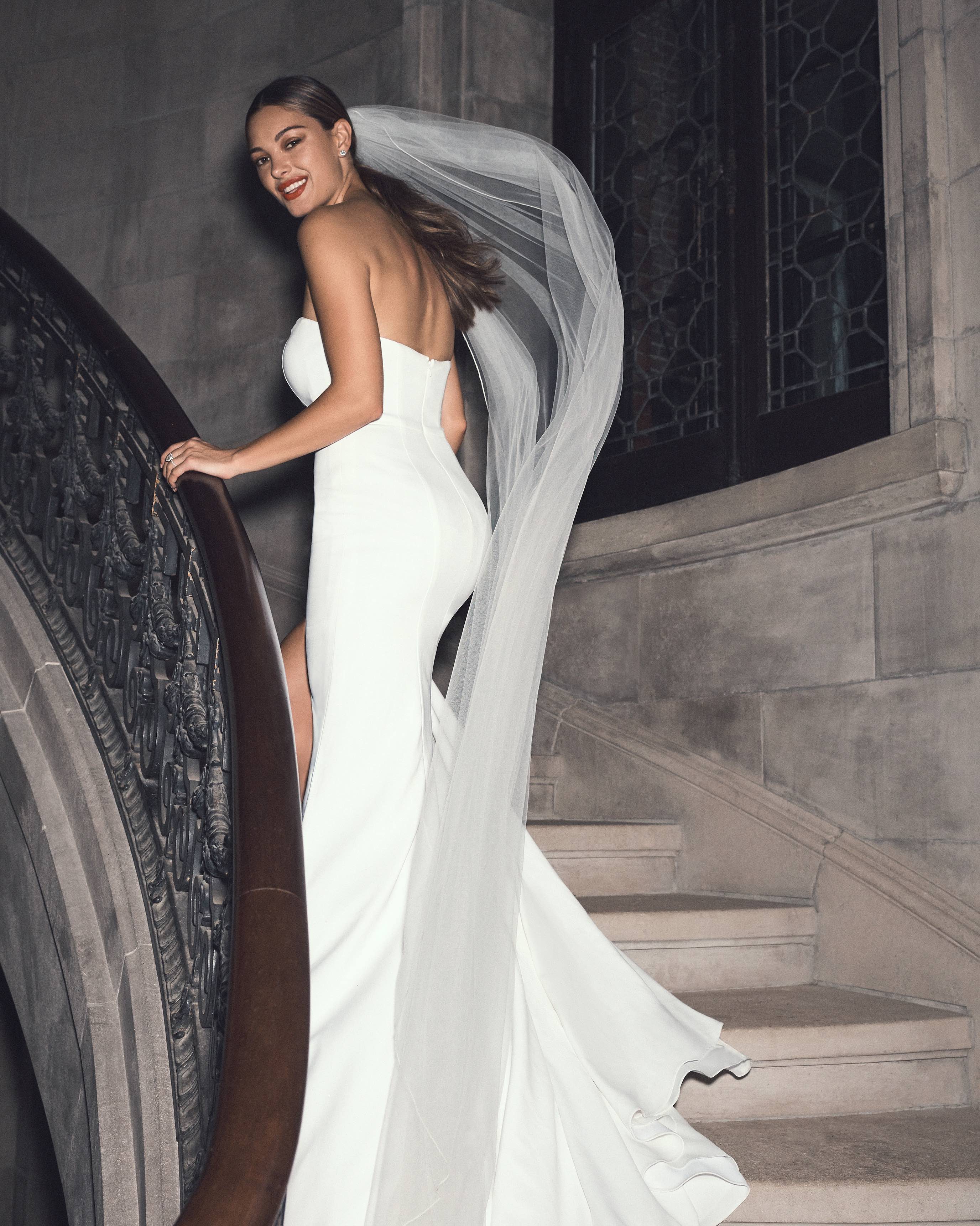 Modern Wedding Dress With Removable Sleeves & overskirt | Bridal Shop London