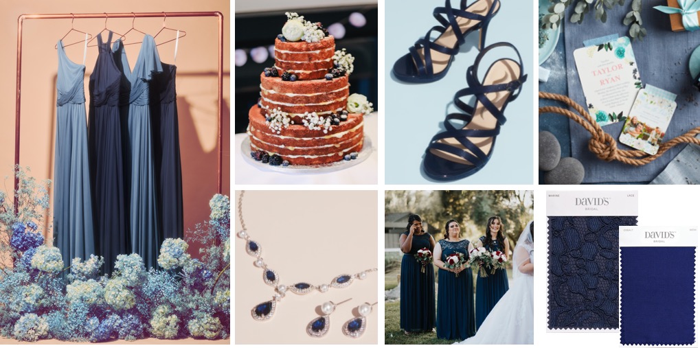 Collage of blue bridesmaid dresses, wedding cake, bridal jewelry, shoes, and fabric swatches