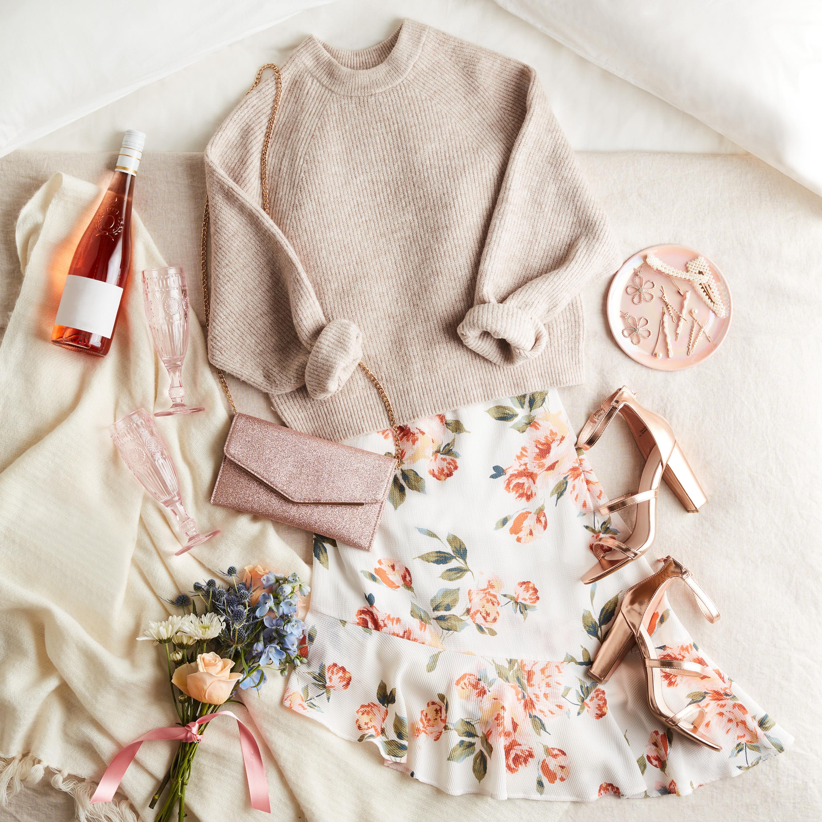 floral dress and sweater date night outfit