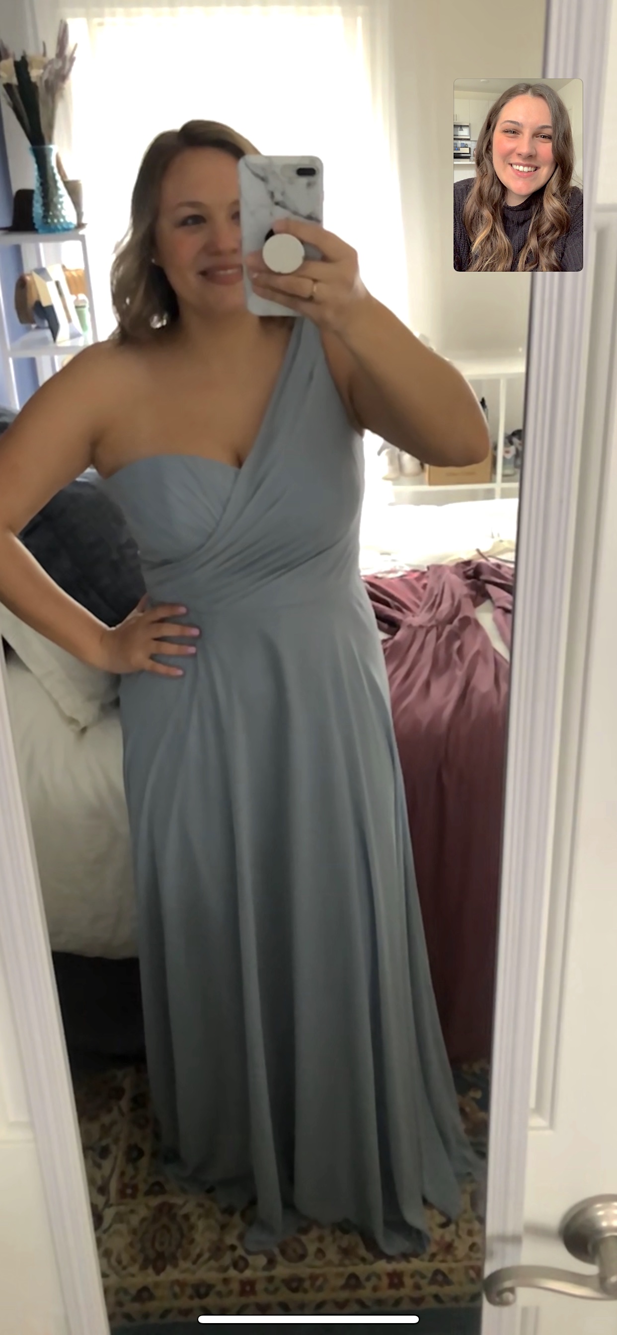 Girl in long dress on video chat