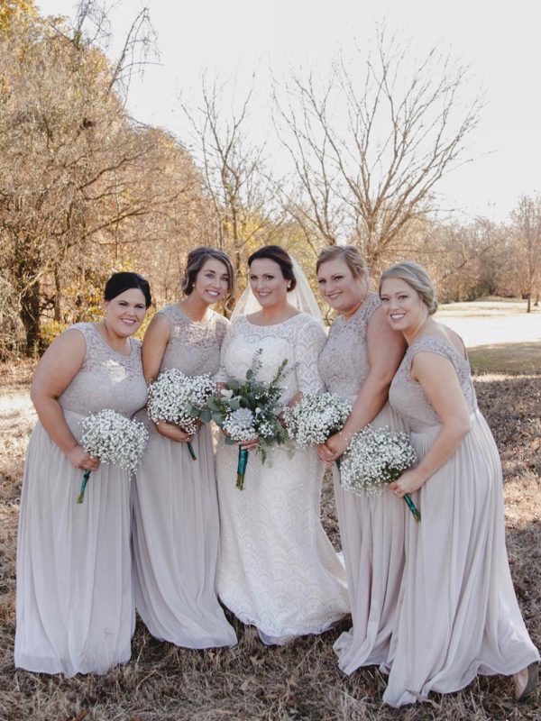 Bridesmaids in tan bridesmaid dresses