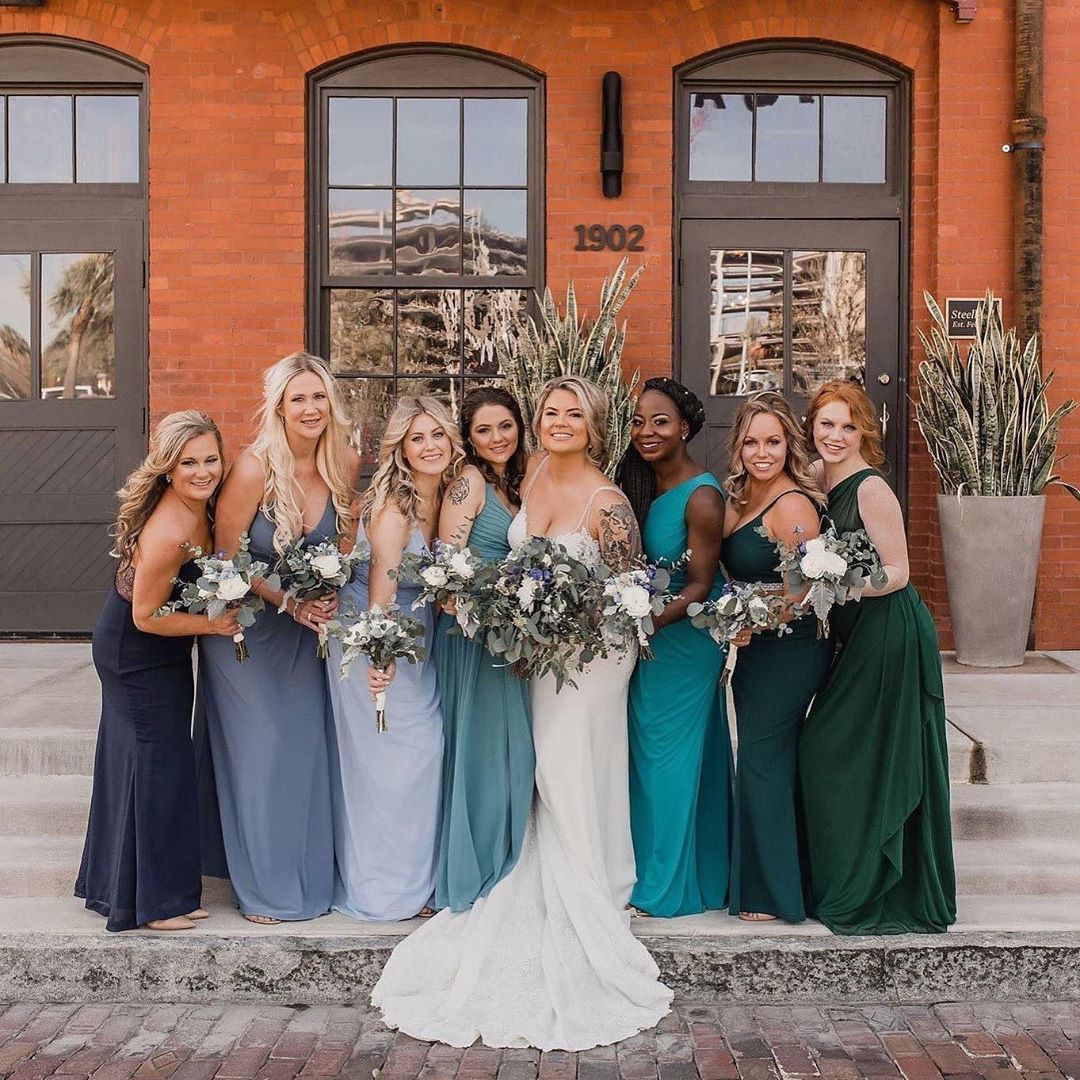 Blue and green bridal party