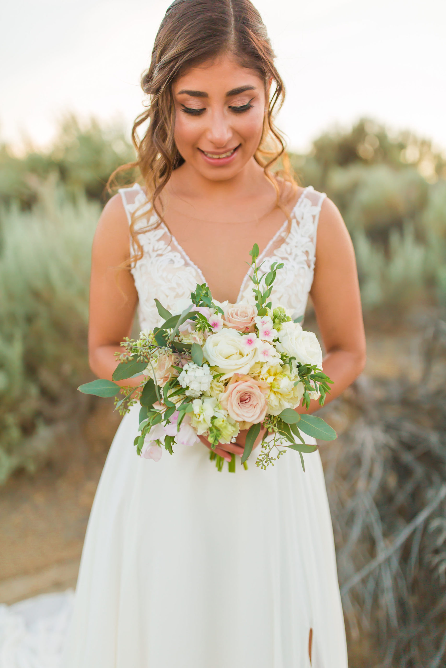 Close up shot of bride with bouquet