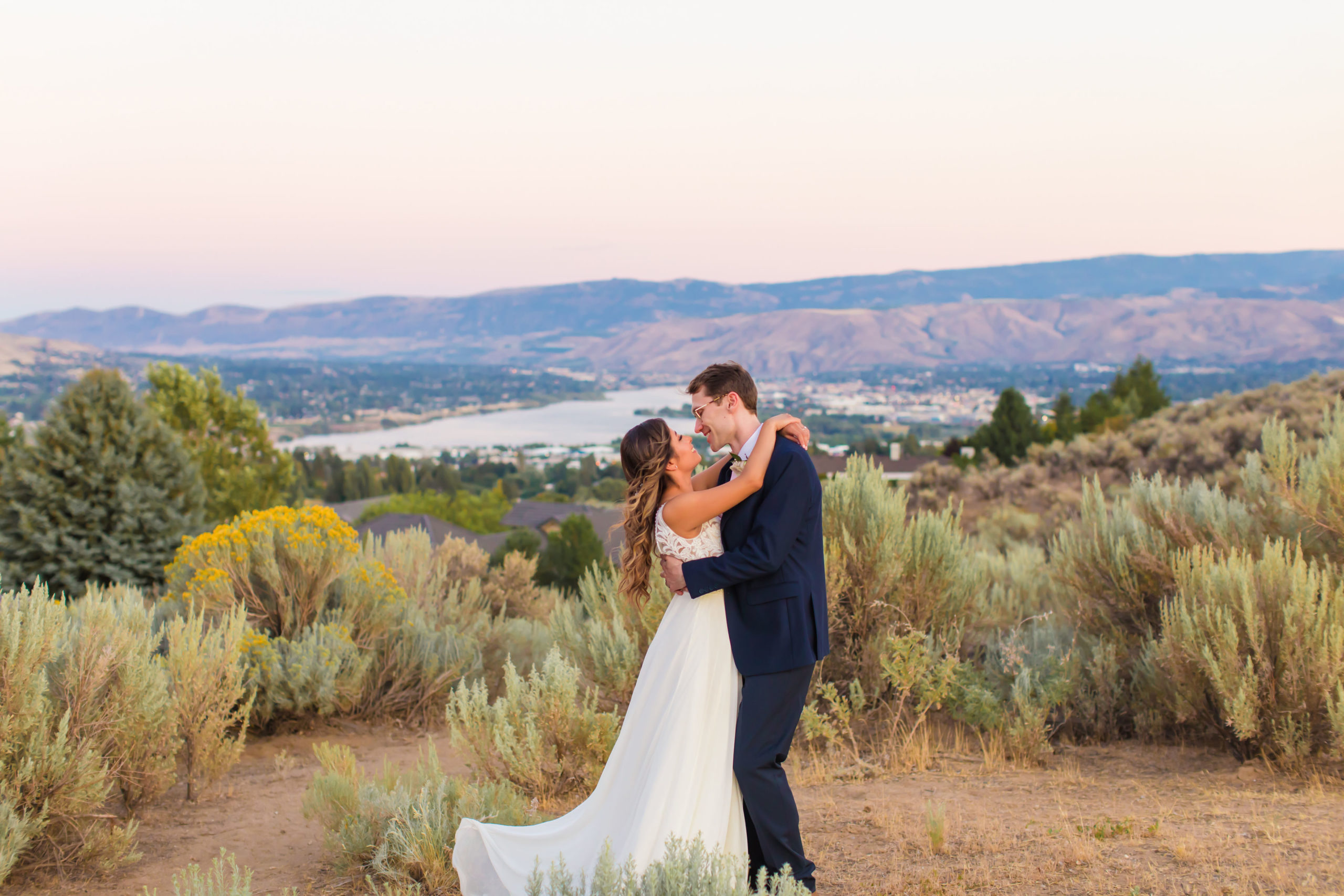 Bride and Groom with scenic mountain backdrop