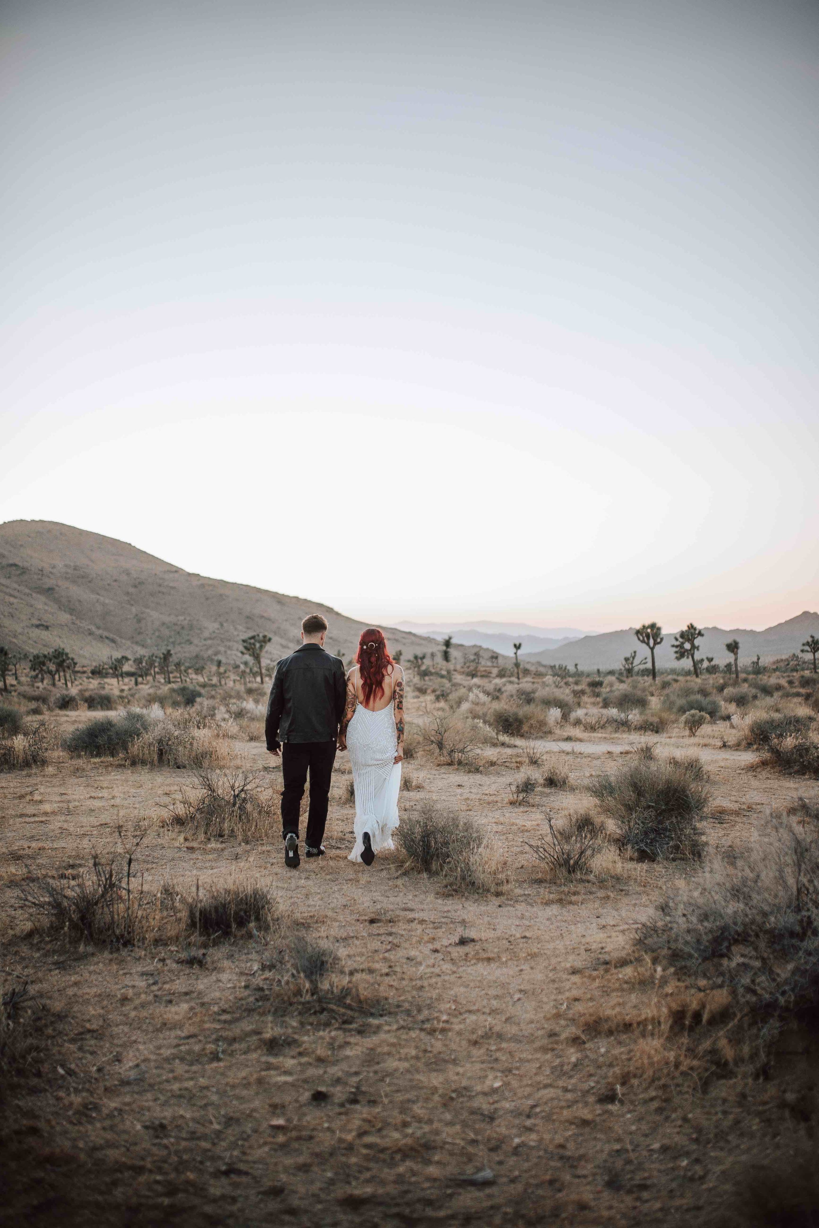 Bride and groom holding hands in the desert