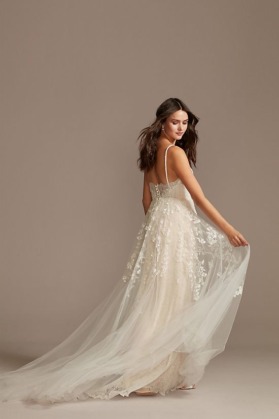 Pleated Lace Wedding Dress with Caged Tulle Skirt