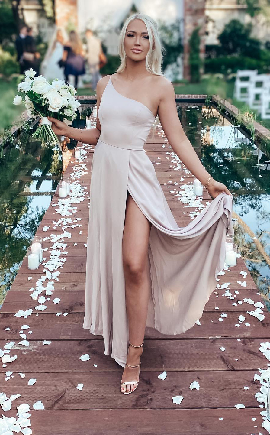 bridesmaid wearing satin dress in biscotti 