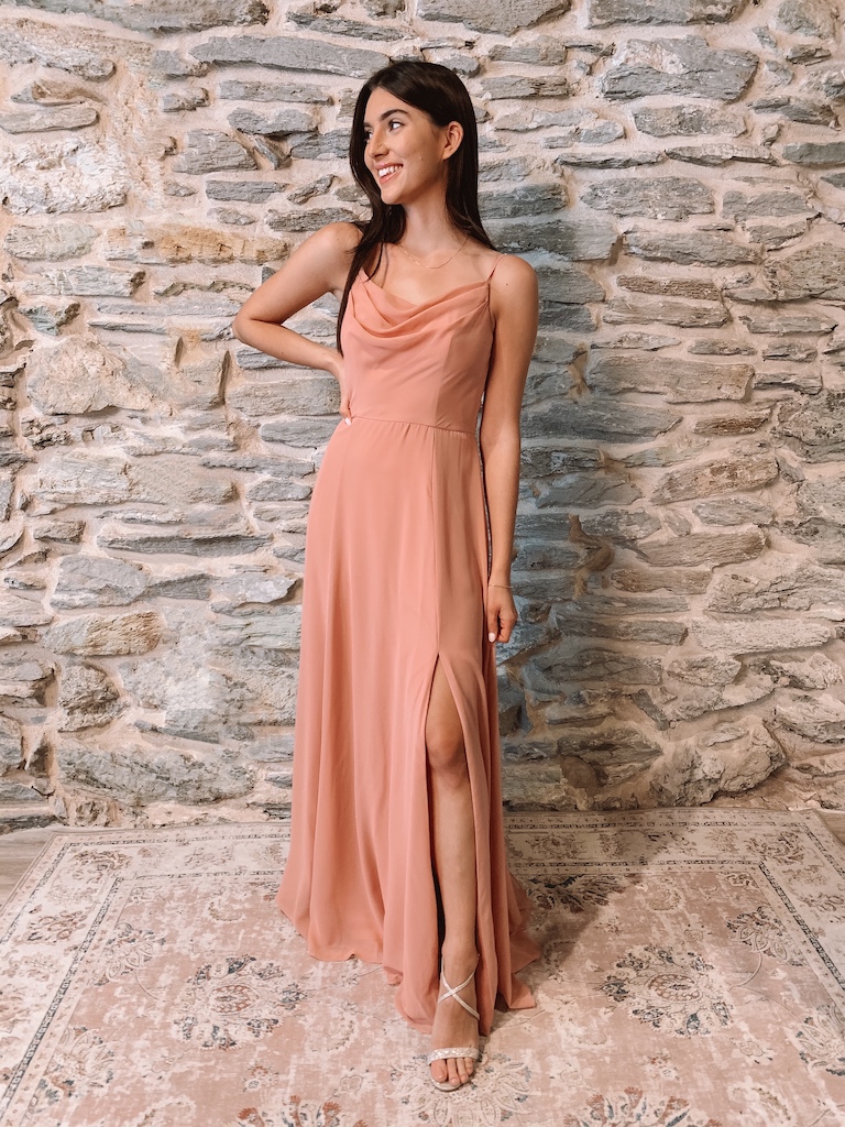 two bridesmaids in cinnamon and sedona colored dresses