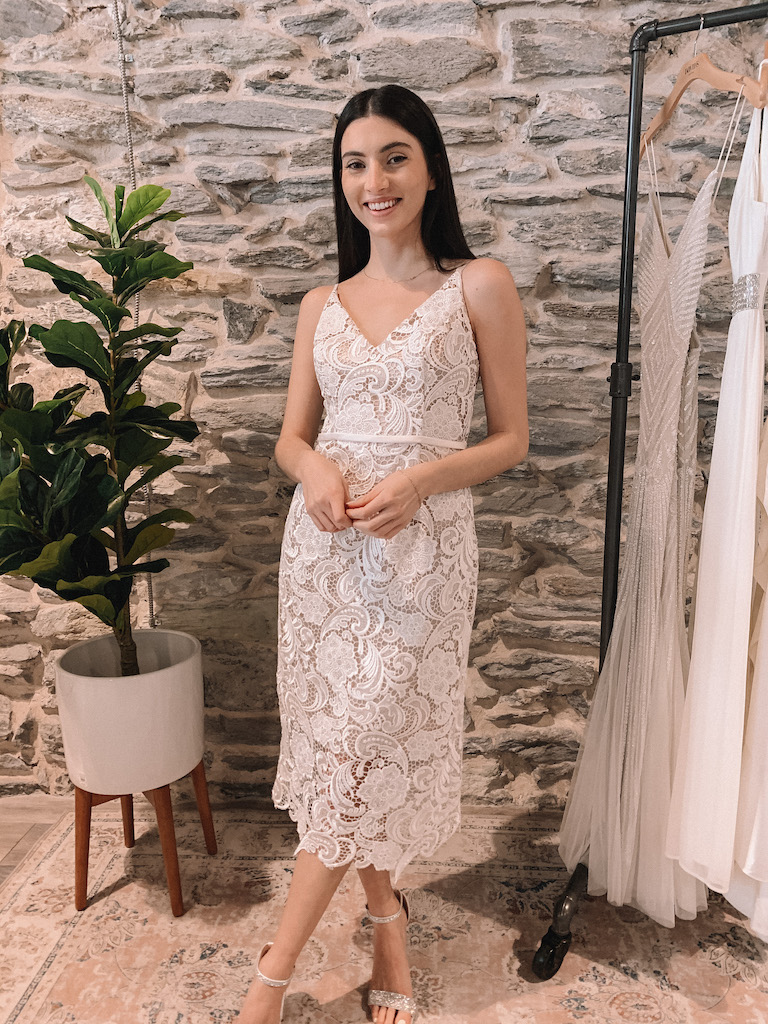 bride in crochet lace midi dress