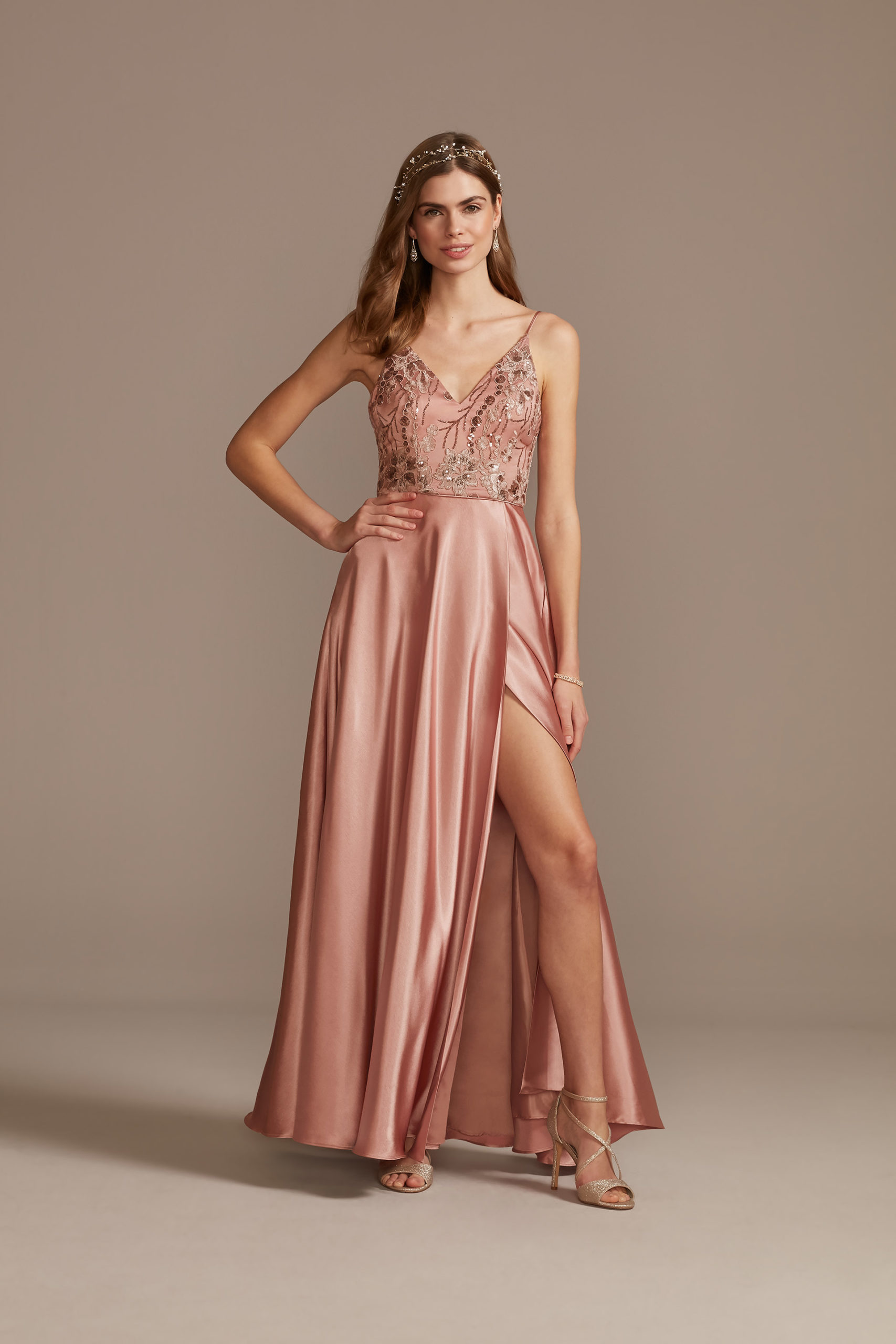 peach Floral Embellished prom dress with Satin Split Skirt