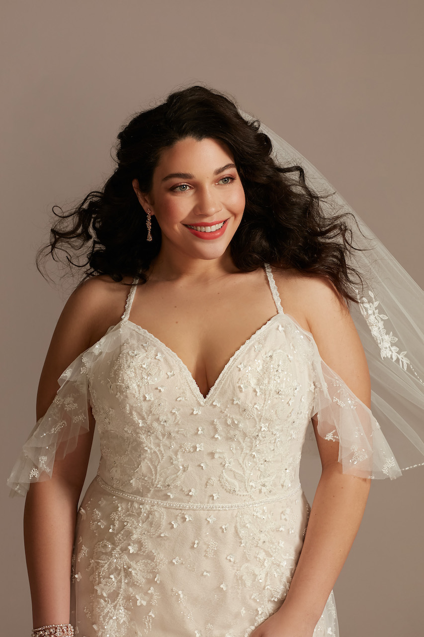 bride wearing ethereal Flutter Sleeve 3D Floral Plus Size Wedding Dress