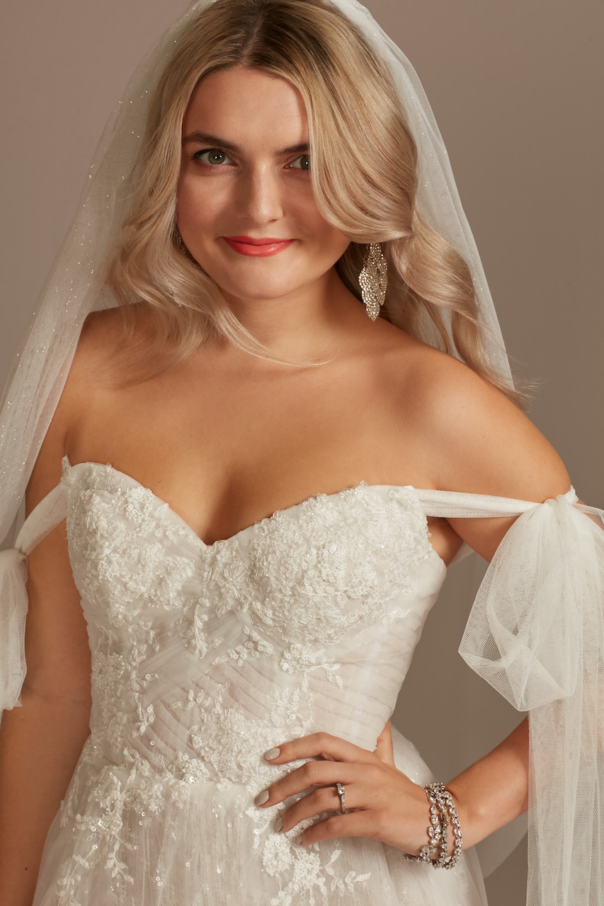 bride wearing Convertible Straps Tulle Bodysuit Wedding Dress