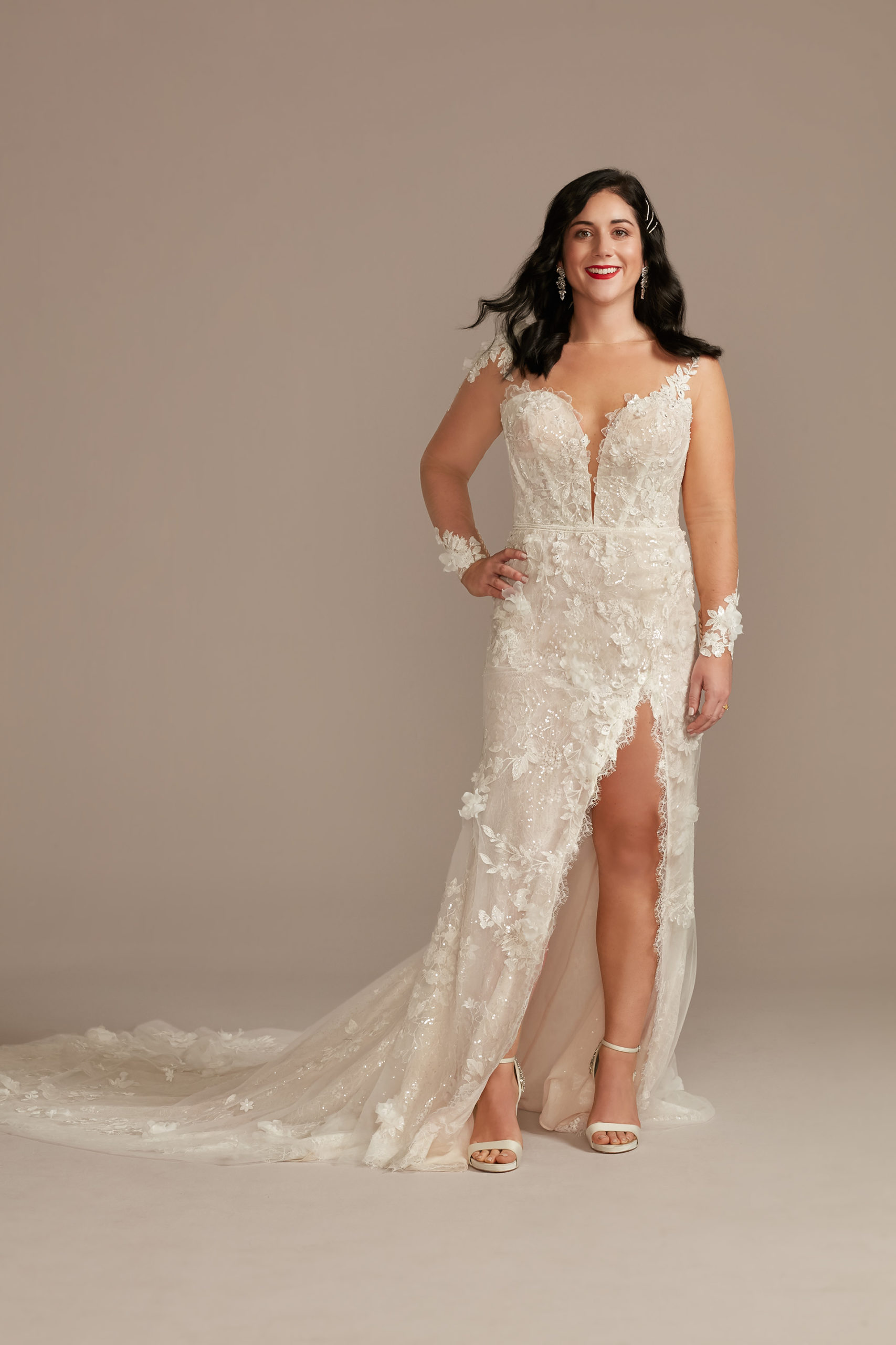 bride wearing ethereal 3D Floral Applique Wedding Dress with High Slit