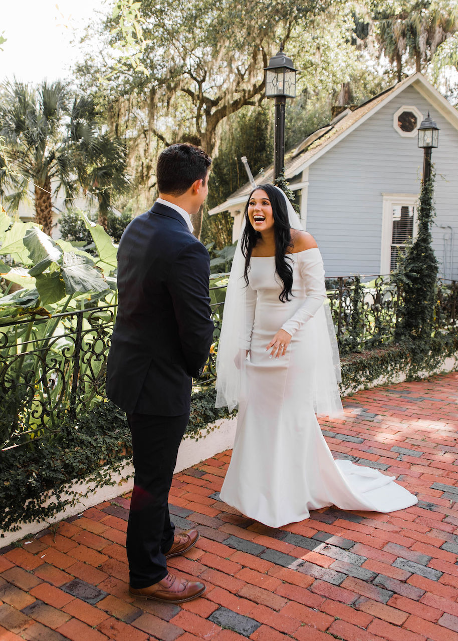 bride and groom first look at their intimate and romantic wedding in florida